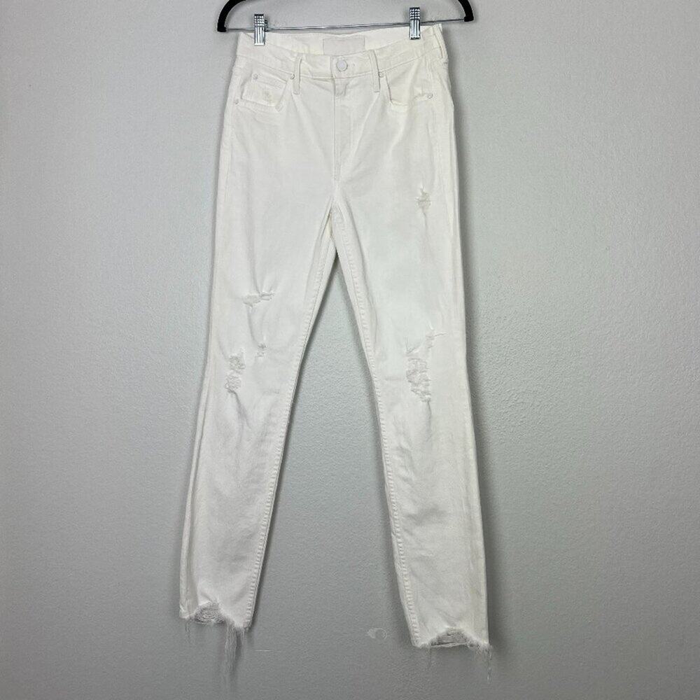 MOTHER | NEW White Distressed High Waist Raw Hem Skinny Jeans Beachy Coastal 29